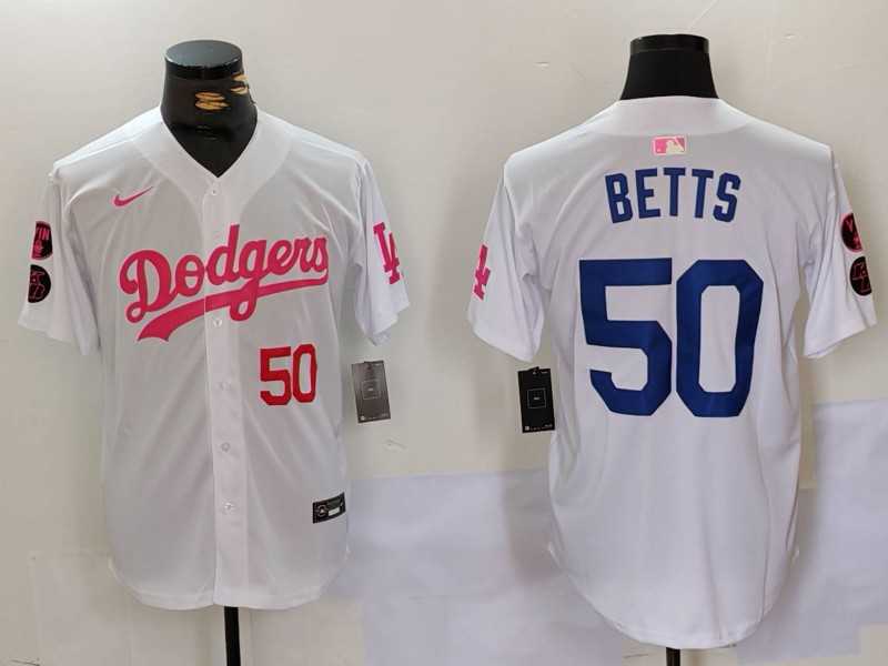 Men%27s Los Angeles Dodgers #50 Mookie Betts White Pink Vin & Kobe Patch Stitched Baseball Jersey
